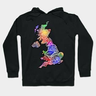 Colorful mandala art map of United Kingdom with text in multicolor pattern Hoodie